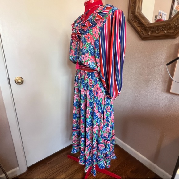 VTG Diane Freis Georgette Floral Stripe Dress - Picture 2 of 9